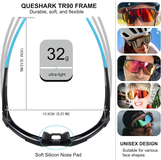 Detalle de Queshark Occhiali Veloci – occhiali da ciclismo uomo e donna con telaio TR90 e protezione UV400