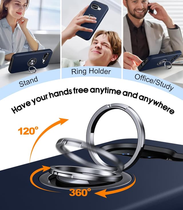 Detalle de AOUIA case for Google Pixel 9A (6.3) in Midnight Blue with 2-pack screen protectors and 360° rotating metal ring stand