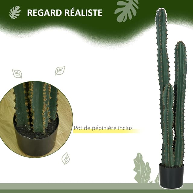 Detalle de Outsunny grand cactus artificiel à grand réalisme, vert foncé (Ø 18 x 120H cm) avec pot lesté