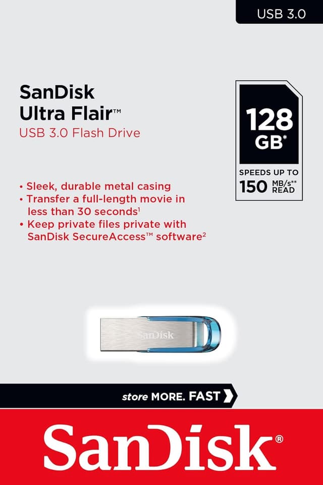 Detalle de SanDisk Ultra Flair USB 3.0 128GB, Velocidad 150 MB/s, Azul