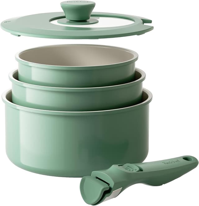 Detalle de Redchef Töpfe-Set mit abnehmbaren Griffen (16/18/20 cm) + 3-in-1 Deckel für Induktion & weitere Herdarten – grün