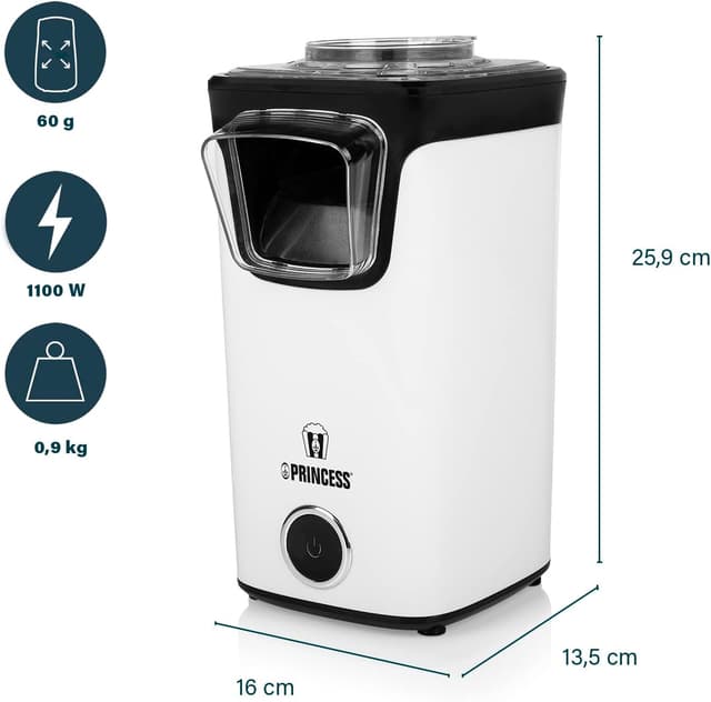 Detalle de Princess Heißluft Popcornmaschine 1100 Watt (292986) – Popcorn ohne Öl und Fett