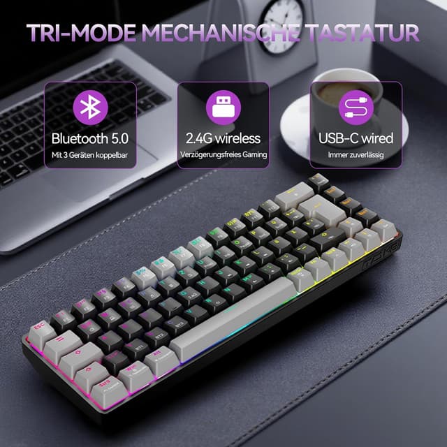 Detalle 2 de TMKB T68 Gaming-Tastatur (68 Tasten, kabellos) mit Bluetooth/2.4G/Typ-C und Anti-Ghosting – QWERTZ, blau