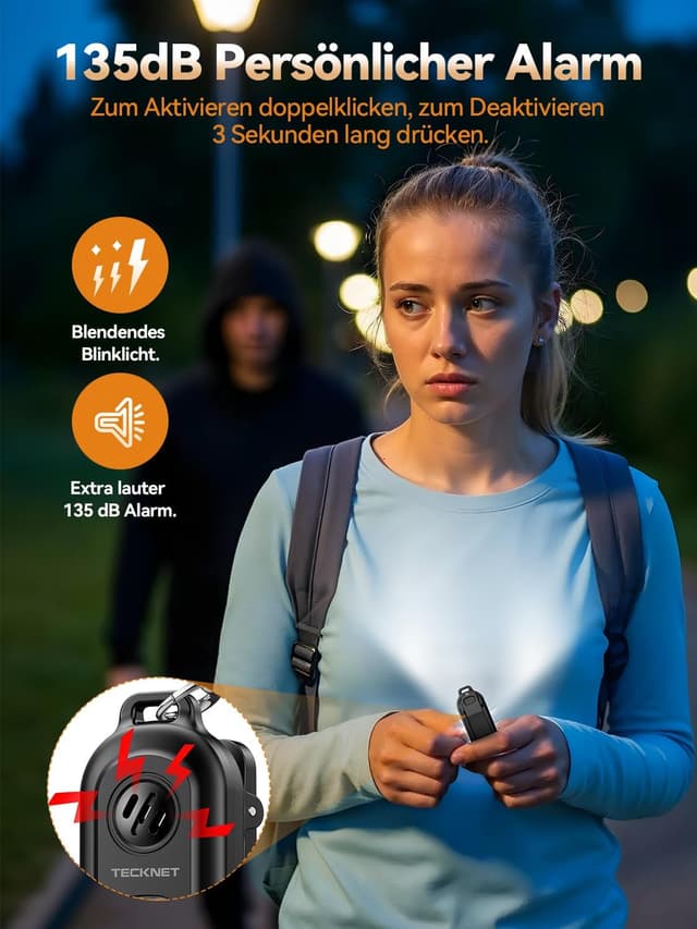 Detalle 2 de TECKNET Taschenalarm für Frauen mit 135 dB & Stroboskoplicht, wiederaufladbare Sirene (IPX4) – schwarz