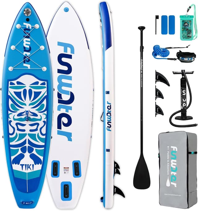 Detalle de FunWater Tavola Gonfiabile SUP con pinne, pagaia, pompa e zaino