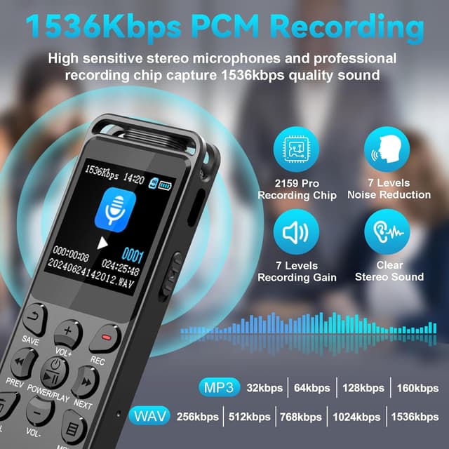 Detalle de Volorful 80-GB-Diktiergerät mit 1,44" Farbbildschirm, 70 Std. Aufnahme und USB‑C