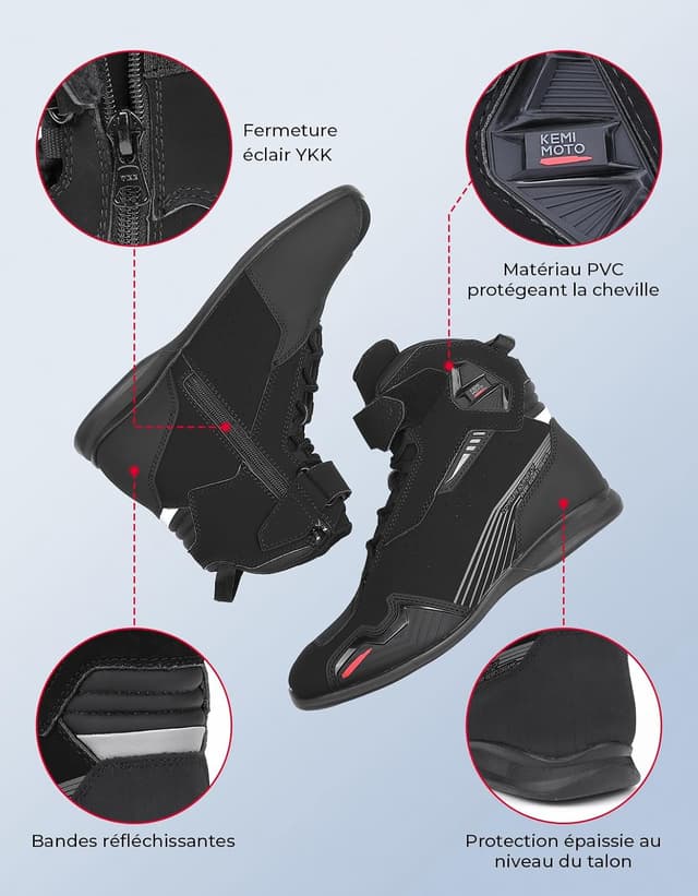 Detalle 2 de KEMIMOTO Chaussures moto homme conformes CE : bottes respirantes antidérapantes avec protections