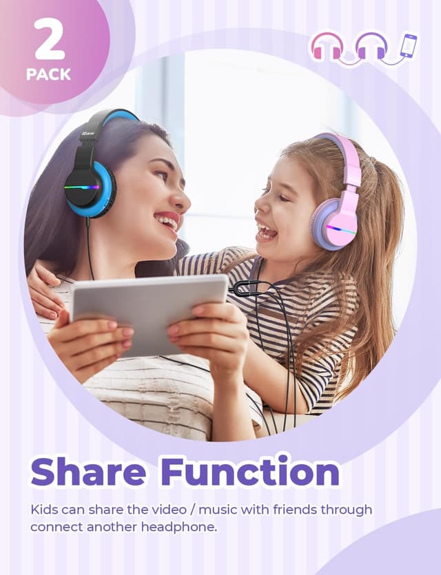 Thumbnail 6 de iClever Bluetooth Kinder-Kopfhörer 2er-Set mit LED-Leuchten, 74/85 dBA Begrenzung, Bluetooth 5.2 und Mikrofon