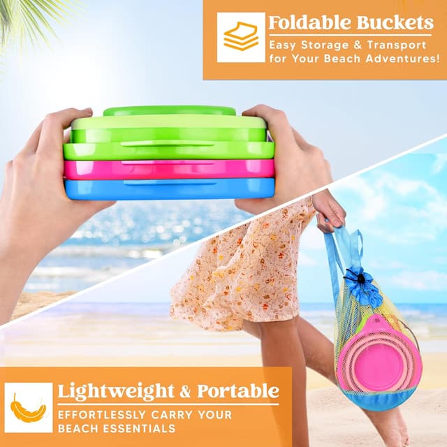 Detalle de JOYIN 3-teiliges Set faltbarer Eimer mit Schaufeln & Netztasche (blau/rosa/grün) – Strandspielzeug & Campinghelfer