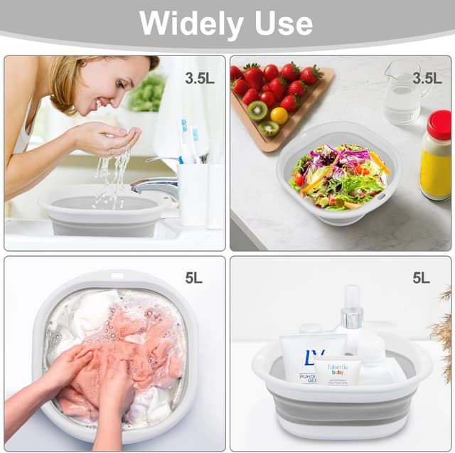 Detalle de Flintronic 3.5L Collapsible Washing Up Bowl (Folding Hand Wash Basin) – Portable silicone-style travel basin, Grey