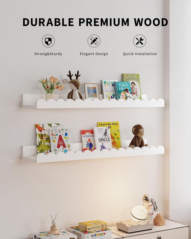 Detalle de Shario Nursery Book Shelves 4-Pack White Floating Scalloped Wall Shelves for Kids