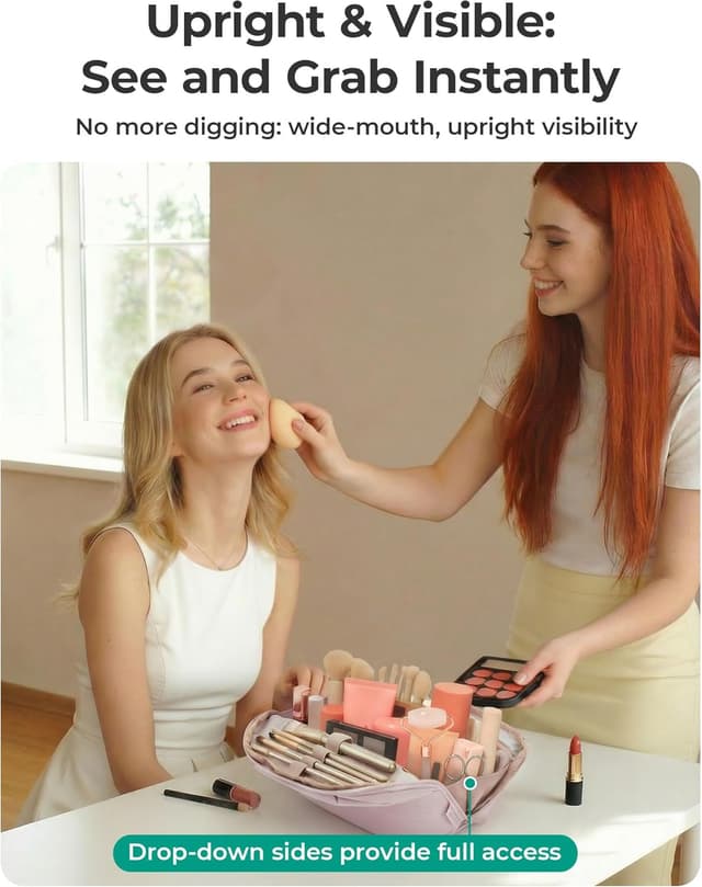 Detalle 2 de BAGSMART Travel Makeup Bag – Flat Lay, Wide Opening Pouch for Brushes & Toiletries (Black)