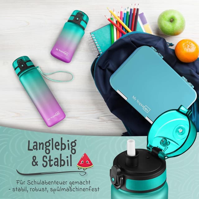 Detalle 2 de My Vesperbox Minny Kinder-Trinkflasche auslaufsicher 500 ml mit Strohhalm oder Sieb (Tritan, BPA-frei) – Lila/Grün