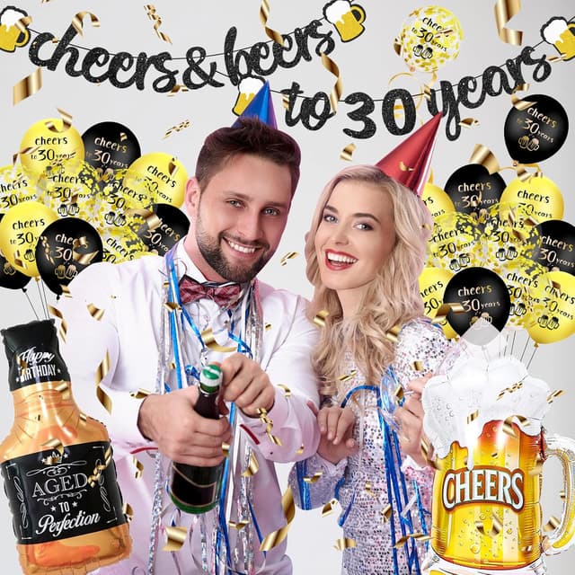 Detalle de 30th Birthday Decorations set with black & gold “cheers to 30 years” banner and 30 foil number balloons