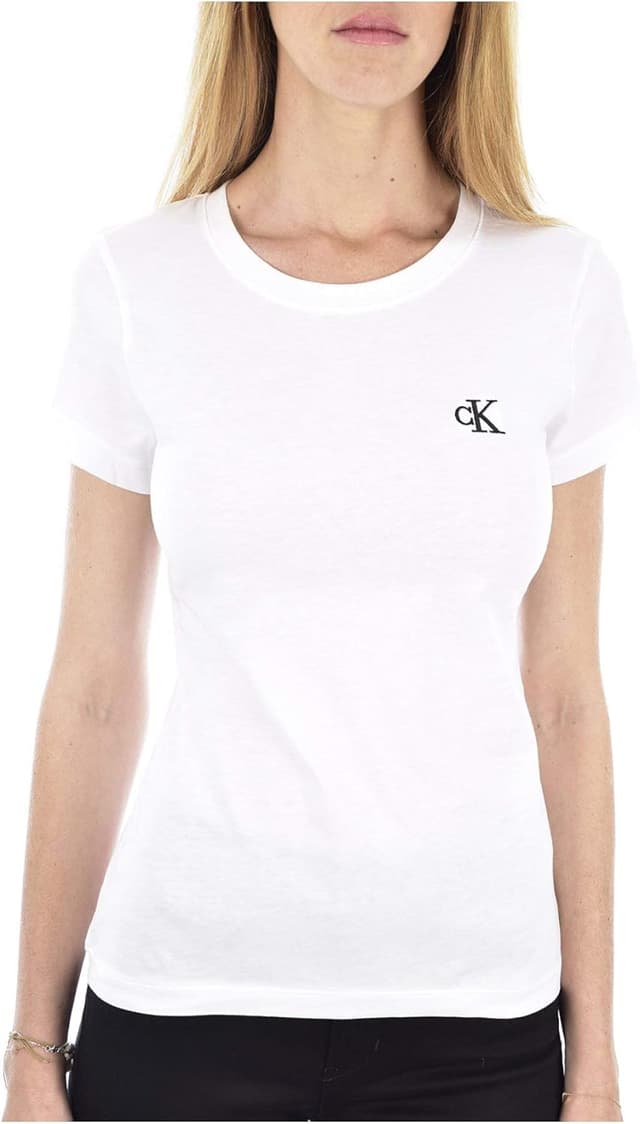Detalle de Calvin Klein Jeans Femme CK Embroidery Slim Tee J20J212883 (manches courtes) en tricot blanc Bright White