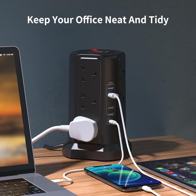 Detalle 2 de Tower Extension Lead 5m with USB Slots and PD 20W Fast Charger (13A 3250W) – 12-Way Surge-Protected Tower, Black