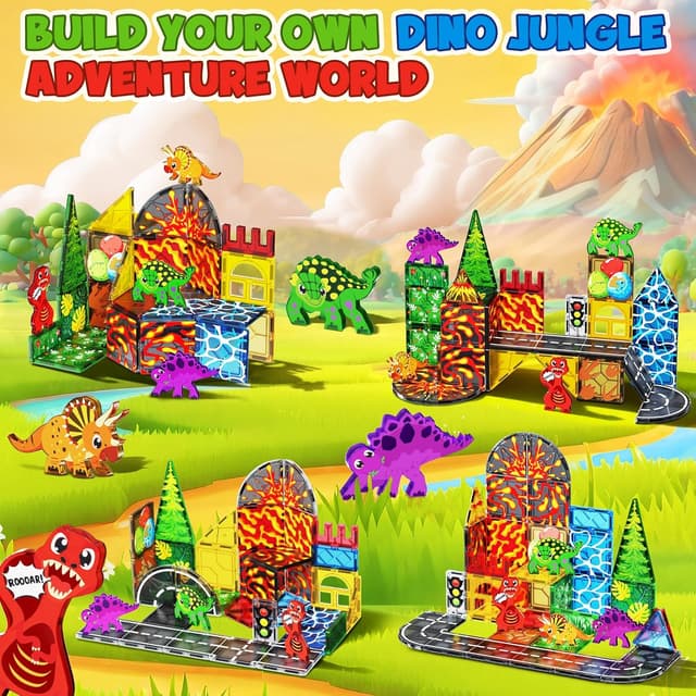 Detalle de Dinosaur Toys Magnetic Tiles Set (44 PCS) for Kids Ages 3–5 and Up — Lava Dinosaur World Magnetic Building Playset