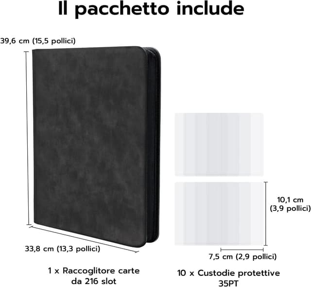 Detalle 2 de Tolesum Raccoglitore Toploader 3"x4" con zip e 10 toploader, 9 pagine (216 posti) per Magic, YuGi Oh e TCG