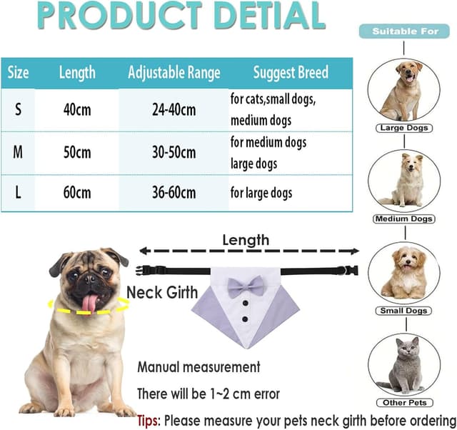 Detalle de BT Bear Dog Tuxedo Bandana Collar with Bow Neck Scarf (Purple) – Adjustable snap collar for small pets