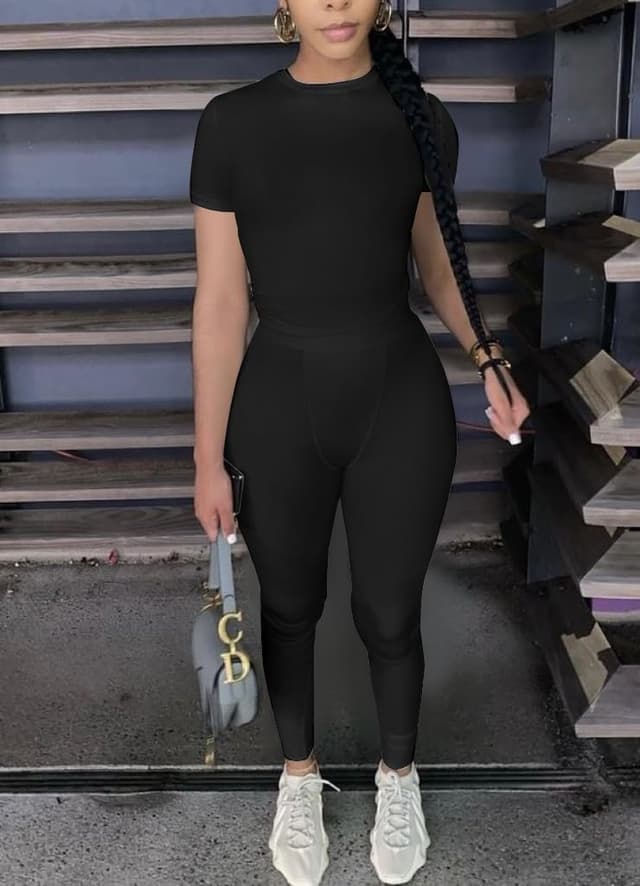 Detalle de AYWA Two-Piece Matching Sets for Women: Fitted Crew Neck T-Shirt & High-Waist Leggings/Biker Shorts