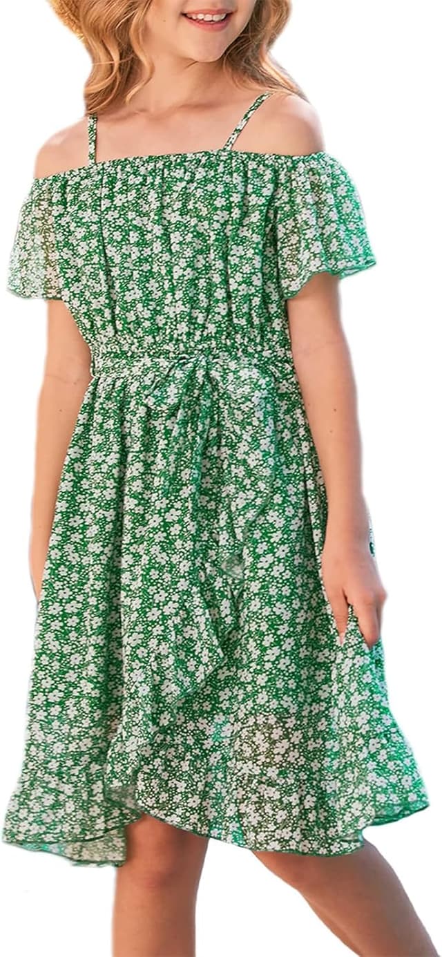 Detalle de Robe d’été en chiffon fleuri sans manches à bretelles réglables pour filles (6 à 14 ans) – cenozo