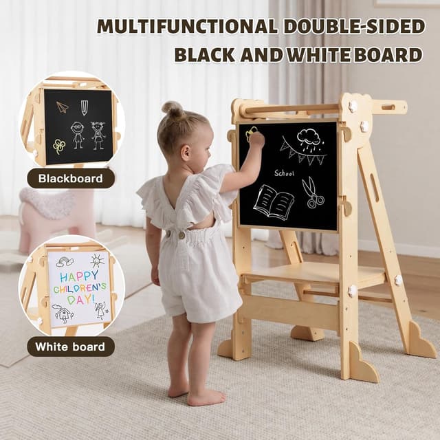 Detalle de labebe klappbarer Lernturm aus Holz mit zweiseitiger Tafel (Montessori Learning Tower, 3-in-1, ab 1 Jahr)