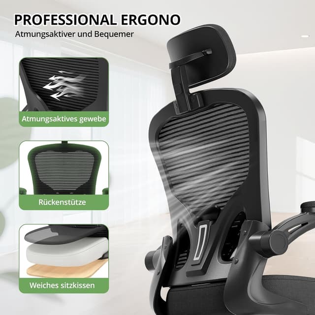 Detalle 2 de Synorla ergonomischer Bürostuhl mit Lordosenstütze, 150-kg-Tragkraft und 360°-Drehfunktion (Schwarz)