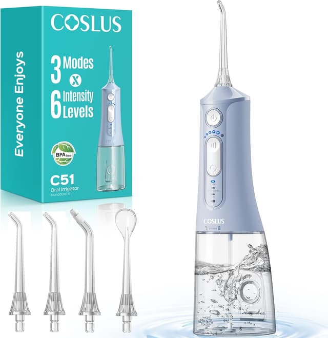 Detalle de COSLUS C51 Munddusche kabellos mit 3 Modi und 6 Druckeinstellungen (300 ml) – blau