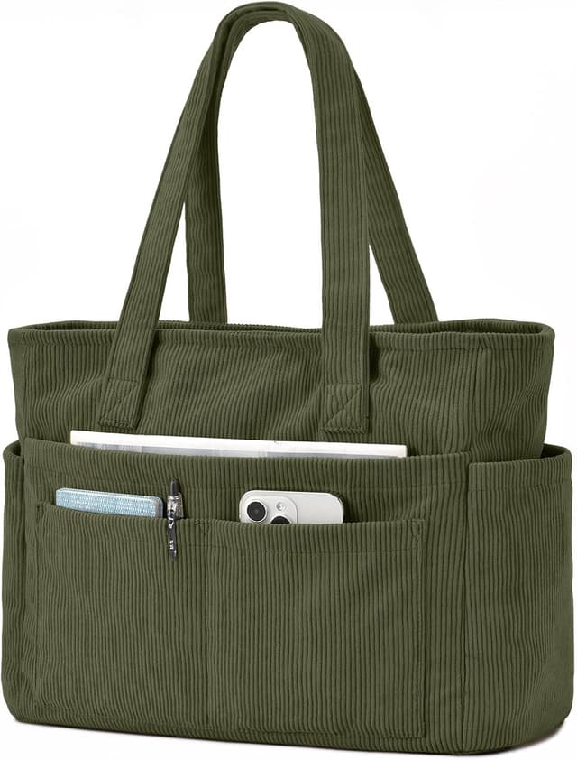Detalle de oscaurt Corduroy Tote Bag with 13 Pockets (20-litre capacity) – organiser shoulder bag for work, school and travel