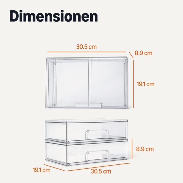 Detalle de Amazon Basics stapelbare Aufbewahrungsschubladen aus Kunststoff (transparent), 2er-Set – Make-up-Organizer