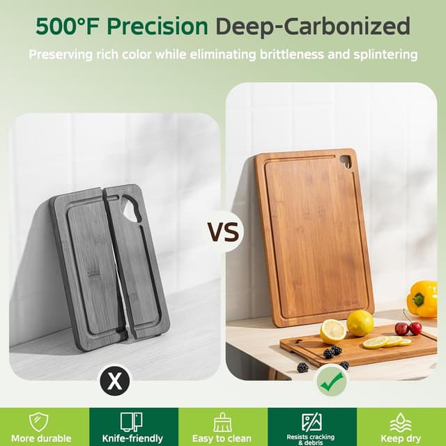 Detalle 2 de Vocvee Bamboo Cutting Boards for Kitchen (Set of 3) with Storage Stand, Juice Groove & Dual-Sided Prep/Serving