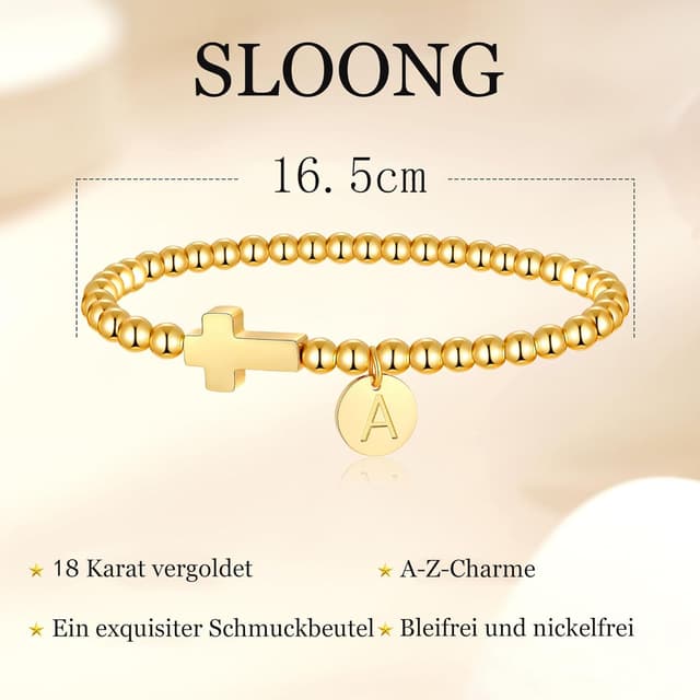 Detalle 1 de SLOONG Kreuz-Armband mit 18K Vergoldung und 26 Buchstaben – personalisiertes Damen-/Kinderarmband mit Kreuzdesign