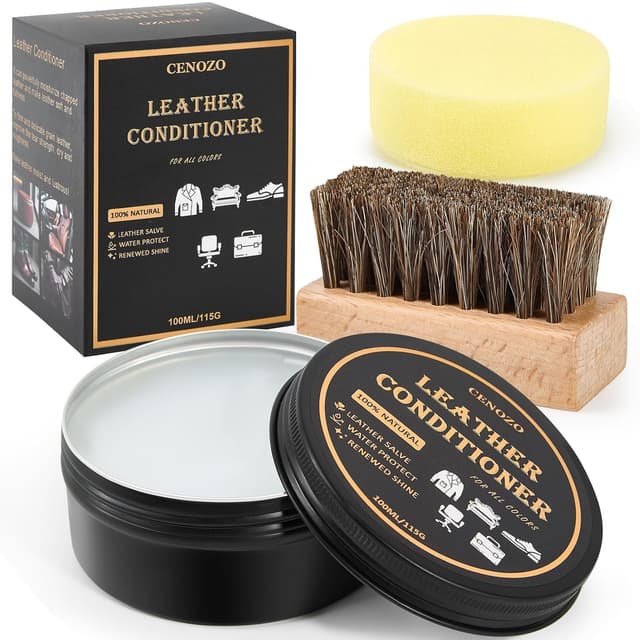 Detalle de cenozo Lederpflege mit Rosshaarbürste, farblos, 100 ml – wasserabweisende Lederpolitur