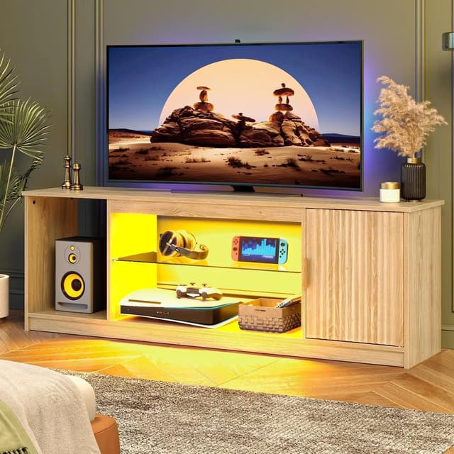 Detalle de Bestier Mobile TV per TV fino a 65 pollici con centro gaming, ripiani in vetro regolabili e luci LED (Rovere Naturale)