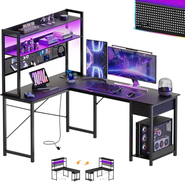 Detalle de YOUDENOVA scrivania gaming angolare reversibile con pannello forato, libreria e LED RGB (155x100x152 cm) nero