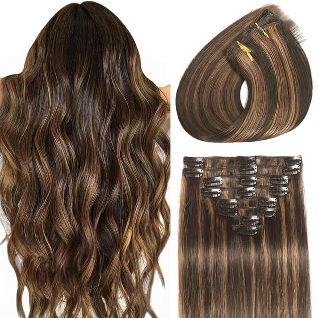 Detalle de Real Human Hair Clip-In Extensions (Brazilian Remy) Seamless Balayage, Dark Brown/Chestnut Brown, 8 Pieces