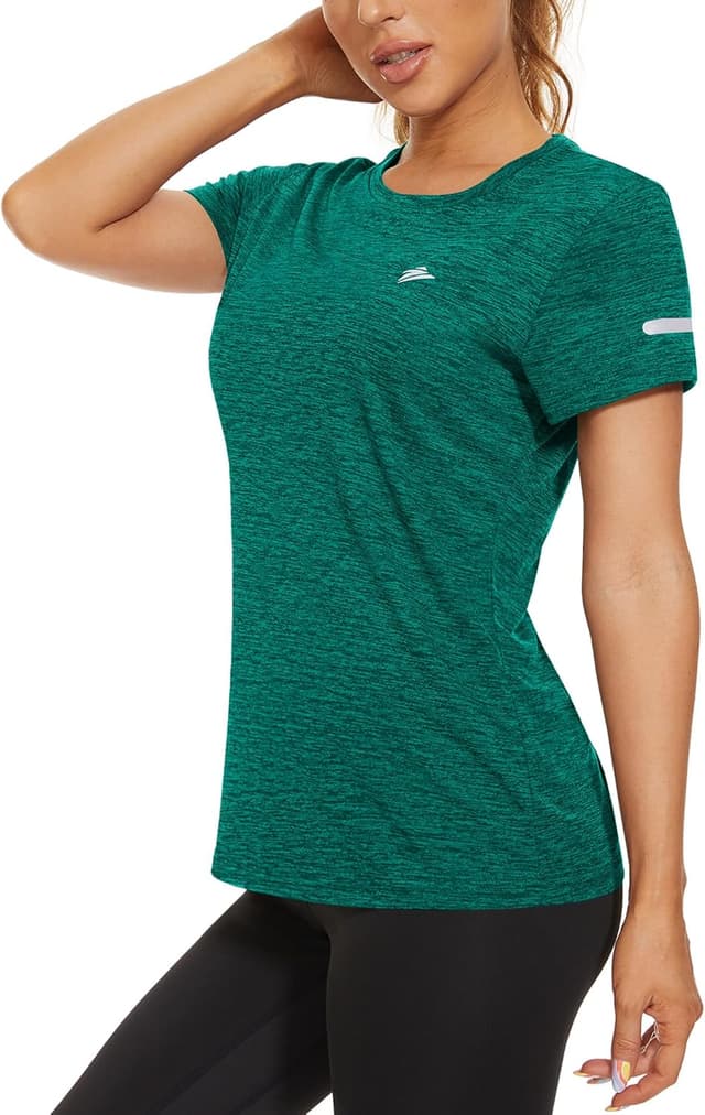 Detalle de KEFITEVD Melange Sportshirt Damen Kurzarm mit Reflexstreifen – atmungsaktives Stretch Funktionsshirt im Regular Fit