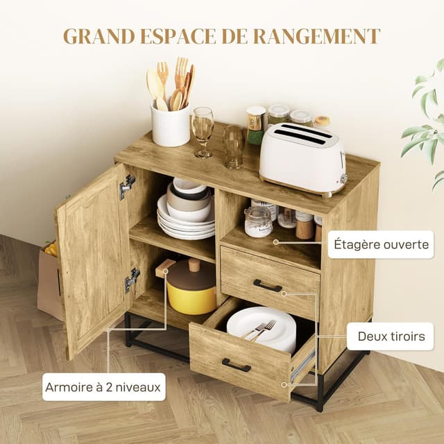 Detalle 2 de HOMCOM Buffet de rangement moderne avec 2 tiroirs, niche ouverte et étagère réglable (80 x 40 x 78 cm)