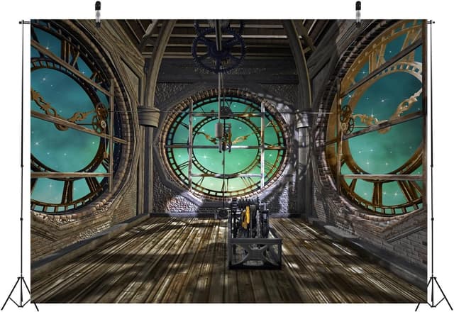 Detalle 2 de BELECO 2.1 x 1.5 m Steampunk fabric backdrop (vintage clocks & shiny stars design)