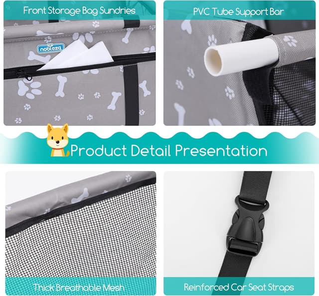 Detalle de Nobleza Seggiolino auto per cani di taglia piccola con trasportino e coprisedile impermeabile (40 × 34 × 25 cm) – Grigio