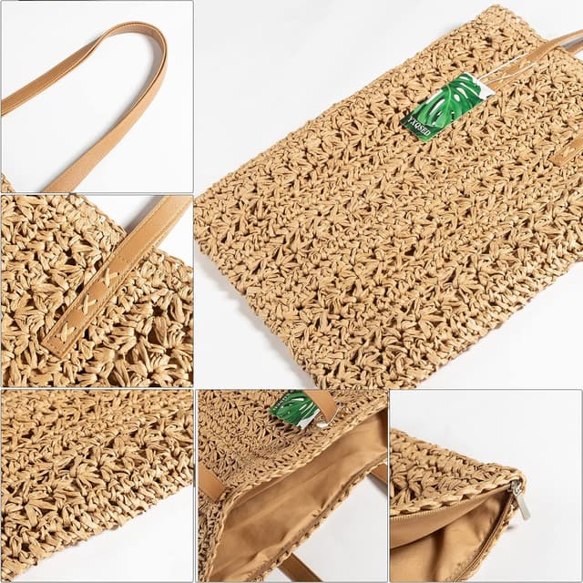 Detalle de YXQSED Round Woven Straw Bag with Zipper, Leather Handles (Large Summer Beach Bag)