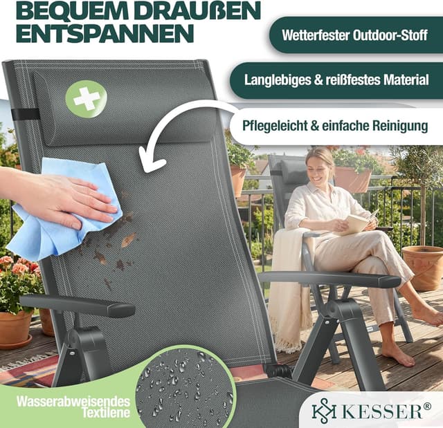Thumbnail 6 de KESSER Gartenstuhl Hochlehner mit Armlehnen – Aluminium Klappstuhl mit Kopfkissen, Abdeckung & 7-fach verstellbarer Rückenlehne