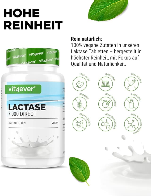 Detalle de Laktase 7.000-365 Tabletten mit Sofortwirkung (7.000 FCC-Einheiten) – für Laktoseintoleranz, vegan