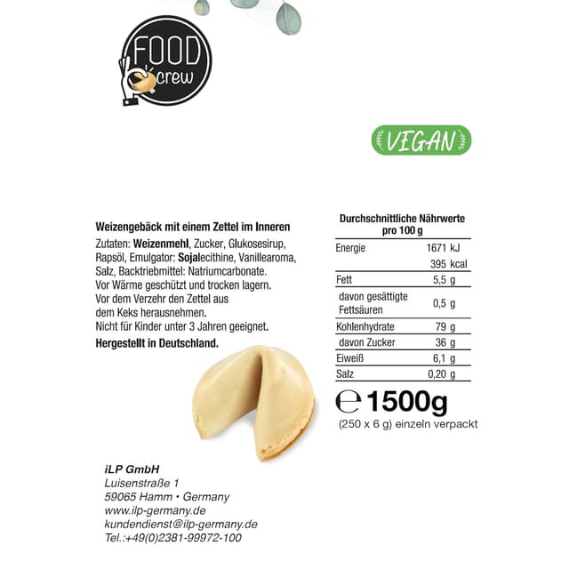 Detalle de FOOD crew 250 Glückskekse „Schön dass du da bist“ – einzeln verpackt, vegan als Gastgeschenk