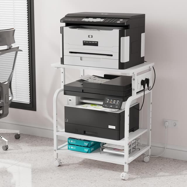 Detalle de OYRREU 3-stufiger Druckertisch mit Steckdose & USB, rollender Druckerständer für Heimbüro