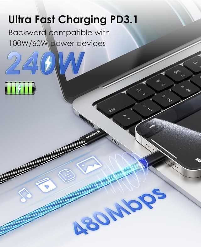 Detalle de Magtame Magtame USB C Cable (Magnetic, Flat, 240W) – 1m 5A fast-charging USB‑C to USB‑C cable