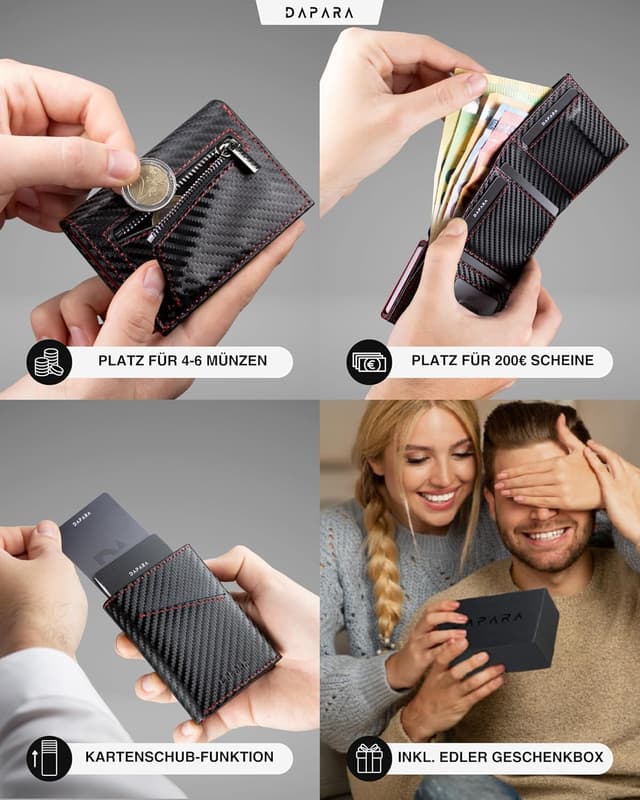 Detalle 2 de DAPARA Herren-Geldbörse Slim Wallet Carbon Red 2 mit Münzfach, RFID-Schutz & Platz für 12 Karten