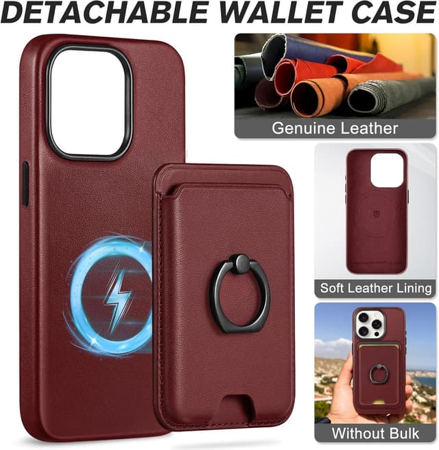 Detalle de SHIELDON Hülle für iPhone 15 Pro (6,1") mit Kartenhalter aus Echtleder – 2-in-1 mit Ring und kabellosem Laden, Weinrot