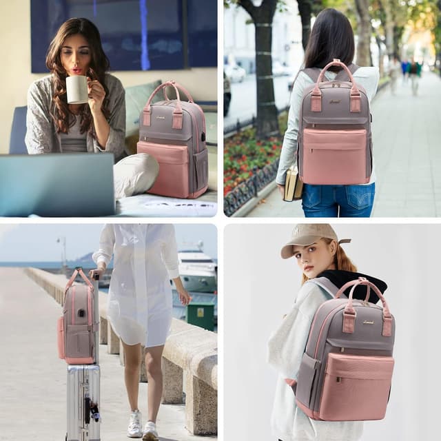 Detalle 2 de LOVEVOOK Rucksack Damen für 15,6-Zoll-Laptop (29 x 43 x 18 cm) – wasserdicht, mit USB-Anschluss, Rosa-Grau