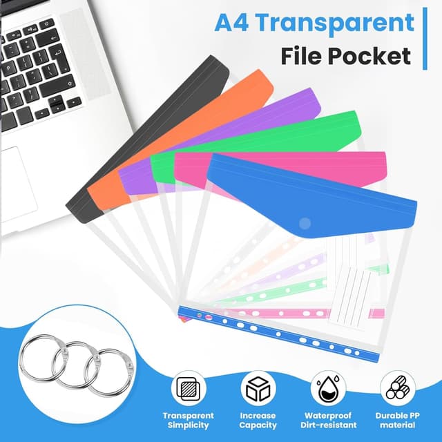 Detalle 2 de Surcotto 12-Pack Expandable Punched Pockets for A4 Files with Velcro & Label Pocket (6 Colours)